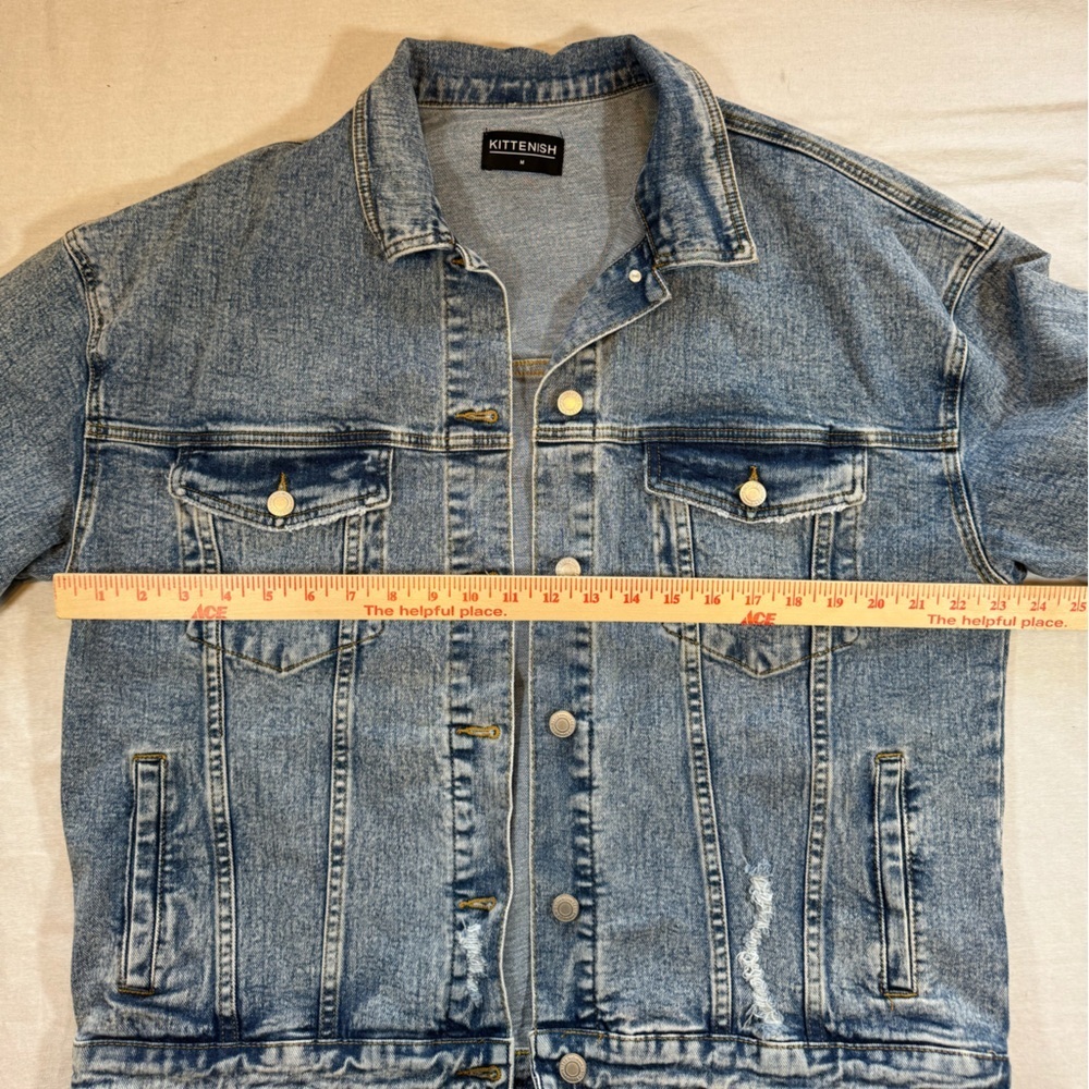Kittenish Like-New, Never Worn Light Blue Distressed Oversized Denim Jean Jacket - Picture 6 of 8